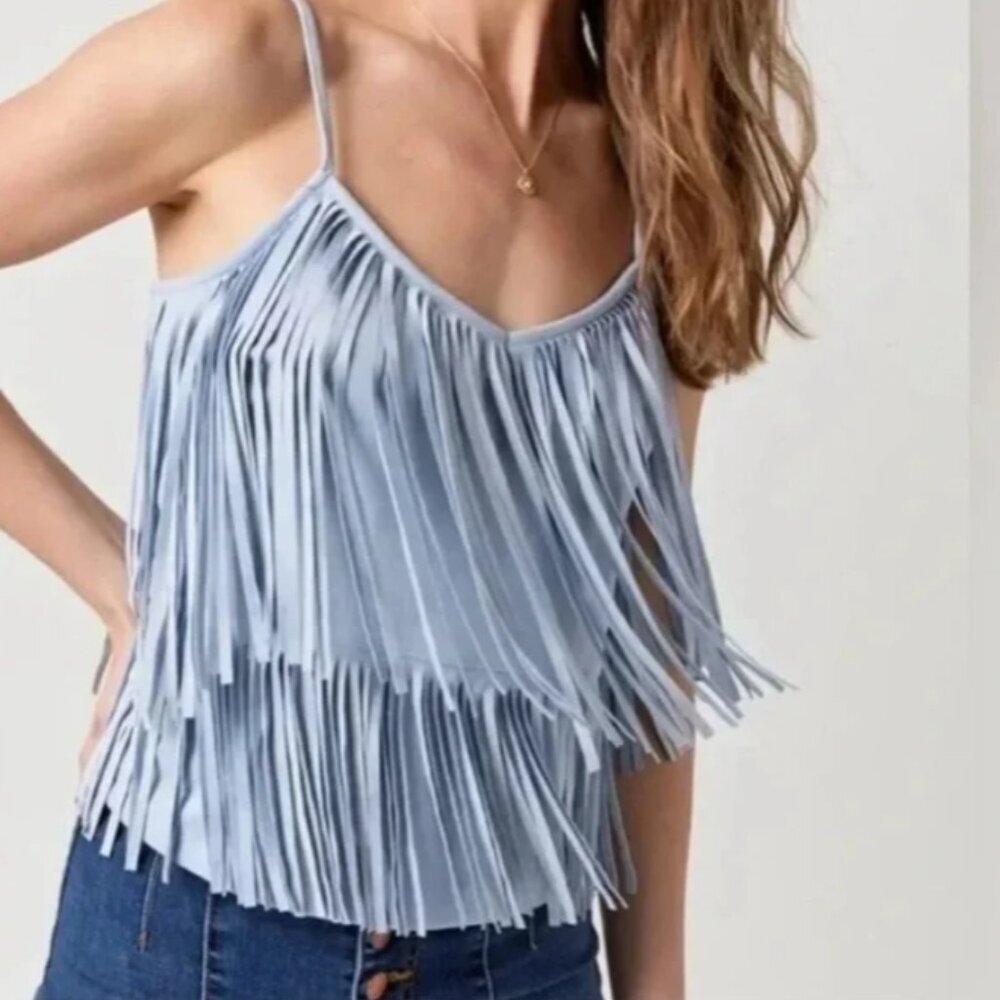 NWT Blue Rain x Francesca's Fringe Tank Top Western Boho Rust Caramel Medium New - Picture 2 of 12